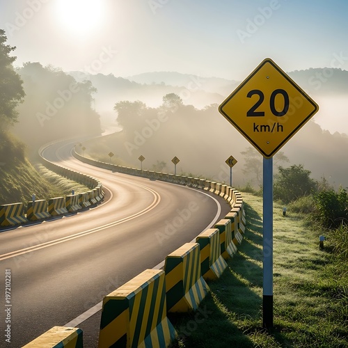 Curving road with speed limit sign in misty morning landscape with blue sky