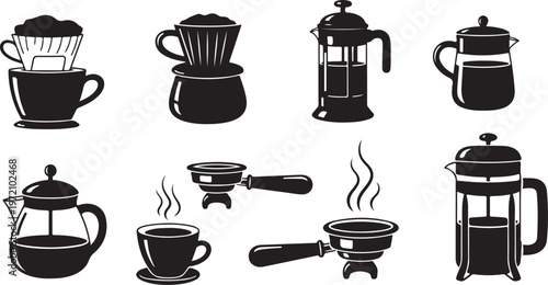 Coffee makers and brewing equipment icons in black silhouette
