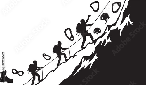 Silhouette of people climbing a mountain with ropes safety