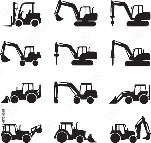 Collection of various heavy construction equipment in silhouette form