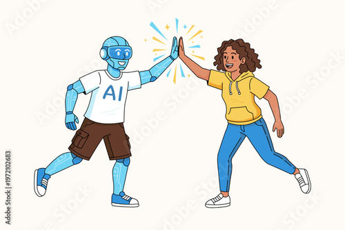 AI Robot and Woman High Five Illustration.eps
