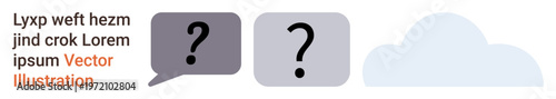 Communication, inquiry, brainstorming, dialogue, cloud storage, problem-solving. Speech bubbles with question marks and a cloud icon. Communication and inquiry concepts