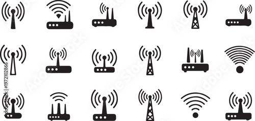 Black and white icons of various wireless communication devices