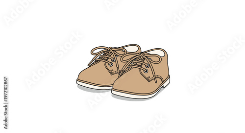 A pair of charming light tan suede children's shoes with matching laces is presented in a three-quarter perspective on a minimalist white background scene.