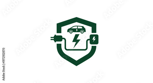 Electric Vehicle Charging Station Symbol, Green Shield, Modern Technology Concept.