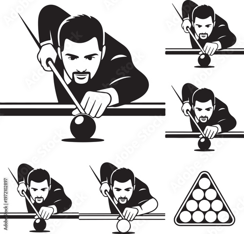 A sequence of a pool player executing various shots on a billiards table