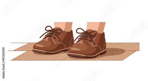 A pair of classic brown leather lace-up shoes with meticulous white stitching stands firmly on a polished wooden floor under soft and even ambient lighting.