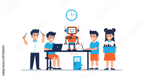 This vibrant vector graphic illustration depicts a diverse group of young students enthusiastically engaged in a collaborative STEM learning project, actively programming and interacting with a friend