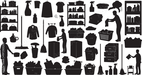 Laundry Day Silhouettes with Various Cleaning Supplies and Clothes