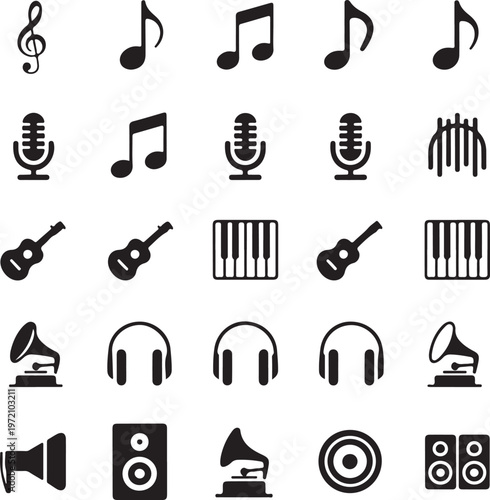 Collection of icons representing various musical instruments and audio equipment