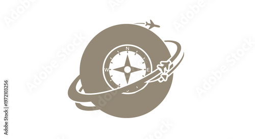 Conceptual illustration of a globe with a compass and airplane for travel.