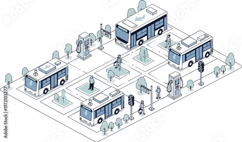 Isometric Electric Bus Station Illustration: Sustainable Smart City Public Transport and Green Energy Infrastructure Concept