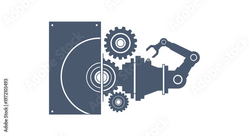 Conceptual illustration of a robotic arm assembling a hard drive with gears.