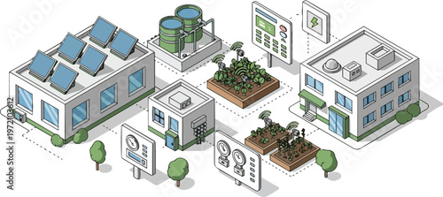 Isometric Smart Urban Farming System with Solar Panels, IoT Sensors, and Sustainable Agriculture Technology
