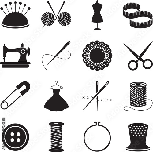 Collection of sewing and crafting tools and accessories illustrated in black and white
