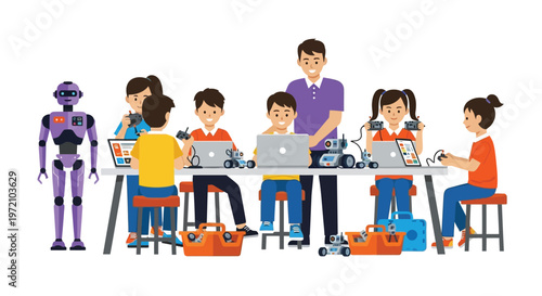Group of cheerful children and their instructor working together on engineering projects involving robotics and computer coding in a modern classroom setting with a friendly robot assistant standing n