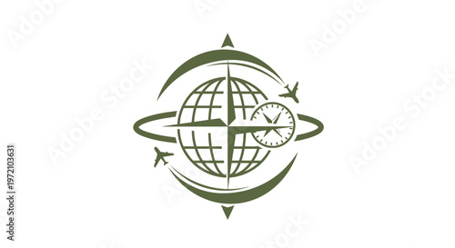 Conceptual illustration of a globe with a compass and airplanes.