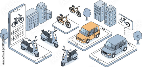 Isometric Urban Mobility as a Service (MaaS) Concept: Electric Bikes, Scooters, and Cars on Smartphone Screens for Smart City Transportation