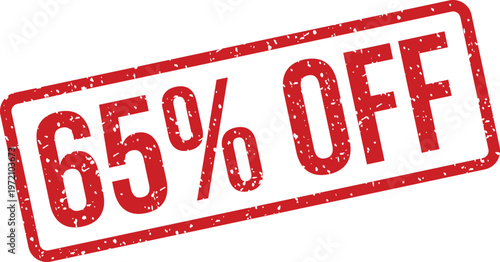 A bold red textured rubber stamp sign showing the important message sixty five percent off on white