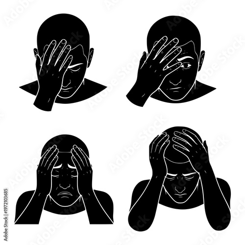 Stressful man expressions with hands on face. Illustrations of man experiencing stress and frustration with hands on face