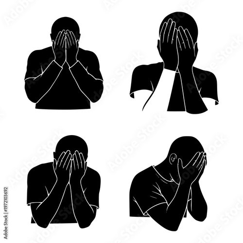 People covering faces with hands in various poses. Silhouette illustrations of people covering their faces with hands in different positions and emotions