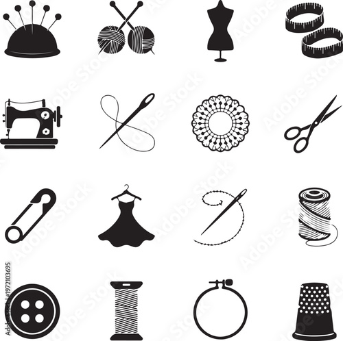 Iconic collection of sewing and crafting tools and accessories