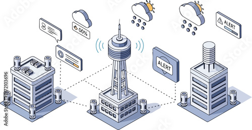 Isometric Smart City Telecommunications Tower and Network for Weather Monitoring and Emergency Alert Systems, Disaster Management Concept Illustration