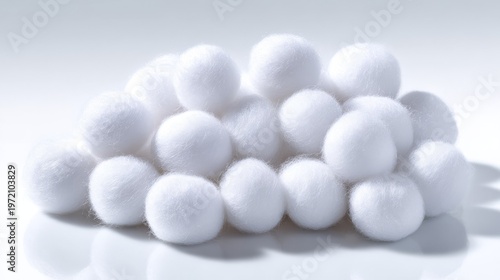 Arrangement of fluffy white cotton balls clustered together, showcasing soft texture and purity