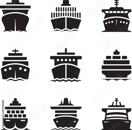 Diverse collection of stylized ship and ferry icons in black and white