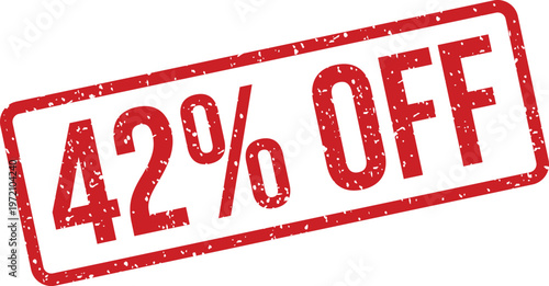 A distressed red rubber stamp announces forty two percent off against a stark white background