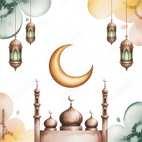 Islamic crescent moon, mosque illustration, Ramadan lanterns, watercolor background