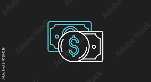 Conceptual Illustration of Dollar Bills and Dollar Coin on Dark Background.