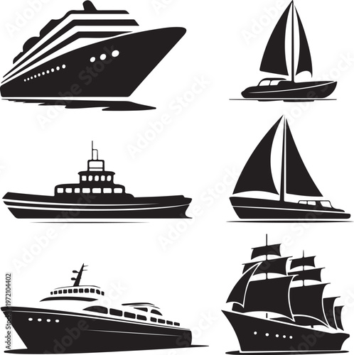 Diverse illustrations of different types of maritime vessels and sailboats.
