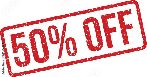 A distinct red grunge rubber stamp clearly announcing a 50% OFF sale against a crisp white backdrop