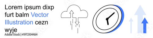 Business growth, time management, data analysis, efficiency, cloud computing, innovation. Visual elements include a cloud with arrows, a clock and upward arrows. Business growth and time management