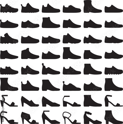 Diverse collection of silhouettes featuring various footwear styles and designs