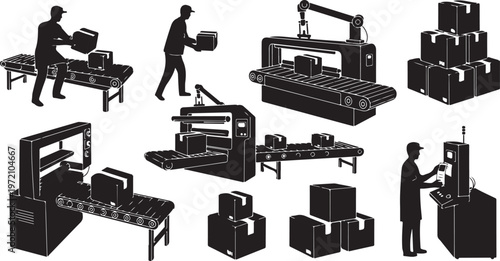 Industrial factory workers and machinery in production line workflow