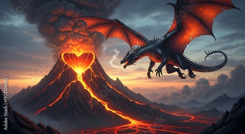 Dragon Flying Over Fiery Volcano Erupting Heart Shaped Lava