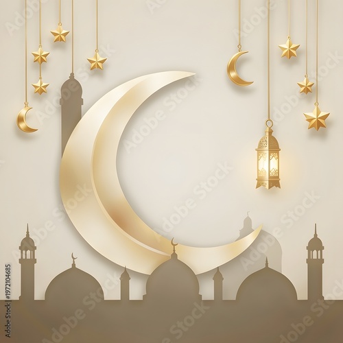 Elegant Ramadan background, gold crescent moon, mosque silhouette, Islamic festival decoration