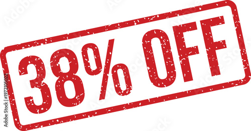 A vibrant red rubber stamp with distressed marks highlights a thirty eight percent off message on white