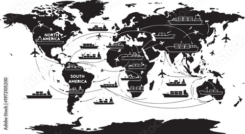 Global Transportation Network Map with Planes and Ships Illustrated