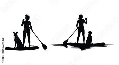 Woman with Dog Stand Up Paddle Yoga Silhouette Vector