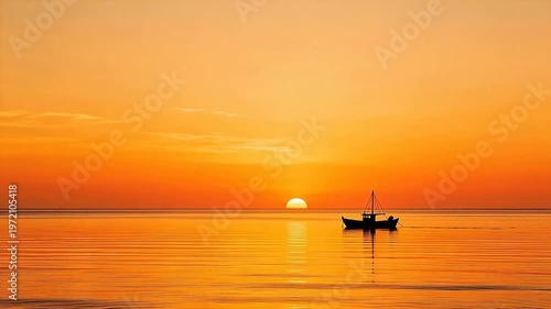Solitary fishing boat silhouetted at golden sunset on calm sea, serene ocean horizon with vibrant orange sky — peaceful maritime landscape