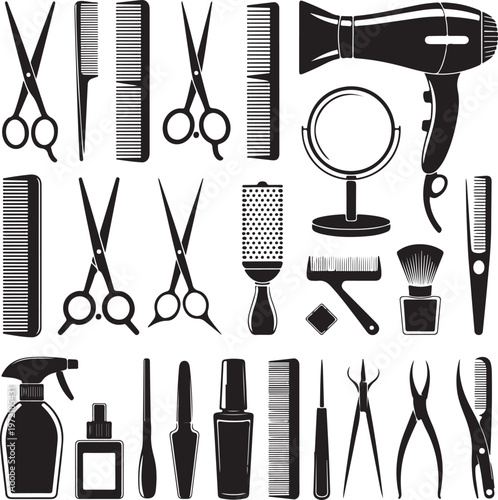 Comprehensive collection of hair styling and grooming tools and accessories