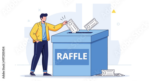 Raffle ticket box, vector illustration, man putting tickets, blue raffle box, yellow jacket