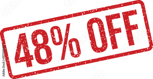 A vivid red grunge rubber stamp displaying a prominent 48% OFF message on a clean white surface