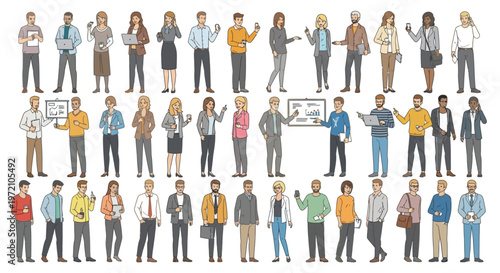 Diverse office workers, business people, professionals, vector illustrations, individuals, flat style, colorful, various poses, white background