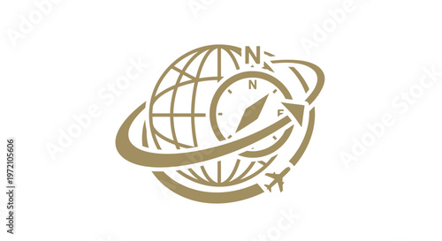 Elegant Gold Globe Compass Logo Depicting Global Travel and Navigation.
