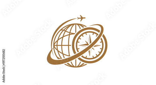 Elegant Gold Globe with Compass and Airplane Symbol for Travel.