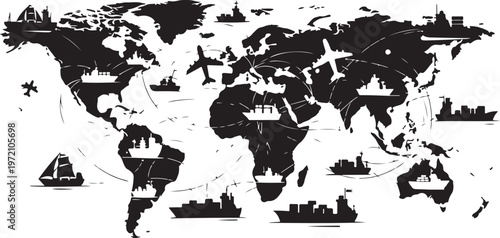 Global Travel Map with Transportation Modes and Routes Shown